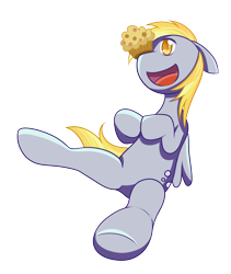 Size: 1332x1581 | Tagged: safe, artist:senseijiufu, derpibooru import, derpy hooves, pegasus, pony, balancing, food, muffin, open mouth, open smile, ponies balancing stuff on their nose, simple background, smiling, solo, transparent background