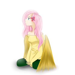 Size: 1500x1500 | Tagged: safe, artist:senseijiufu, derpibooru import, fluttershy, human, bare shoulders, butterfly hairpin, clothes, female, humanized, long sleeves, simple background, solo, white background, winged humanization, wings