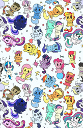 Size: 1300x2000 | Tagged: safe, artist:senseijiufu, derpibooru import, apple bloom, applejack, big macintosh, bon bon, derpy hooves, dj pon-3, doctor whooves, fluttershy, lyra heartstrings, minuette, octavia melody, pinkie pie, princess cadance, princess celestia, princess luna, rainbow dash, rarity, scootaloo, soarin', spitfire, sunset shimmer, sweetie belle, sweetie drops, trixie, twilight sparkle, twilight sparkle (alicorn), vinyl scratch, alicorn, butterfly, earth pony, pegasus, pony, unicorn, apple, chibi, clothes, cute, female, food, heart, lesbian, lyrabon, missing accessory, pattern, repeating pattern, scarf, shipping