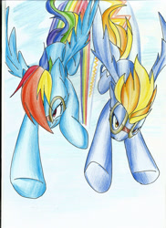 Size: 1700x2338 | Tagged: safe, artist:fenriz278, derpibooru import, lightning dust, rainbow dash, pegasus, pony, colored pencil drawing, duo, flying, goggles, racing, rainbow trail, speed trail, traditional art