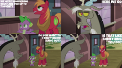 Size: 2000x1125 | Tagged: safe, derpibooru import, edit, edited screencap, editor:quoterific, screencap, big macintosh, discord, spike, draconequus, dragon, earth pony, dungeons and discords, big macintosh's yoke, discord is not amused, horse collar, male, train station, trio, trio male, unamused