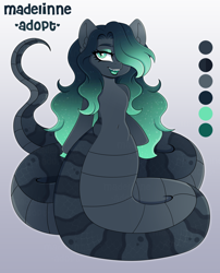 Size: 3600x4447 | Tagged: safe, artist:madelinne, derpibooru import, oc, oc only, lamia, original species, adoptable, adoptable open, adoption, advertisement, advertisement in description, belly, color palette, ear fluff, ears, eyelashes, fangs, full body, gradient background, gradient mane, hair over one eye, high res, lipstick, long hair, makeup, open mouth, open smile, reference sheet, scales, smiling, snake tail, solo, sparkly mane, tail, watermark