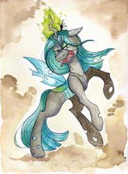 Size: 4851x6595 | Tagged: source needed, safe, artist:lightisanasshole, derpibooru import, queen chrysalis, changeling, changeling queen, pony, unicorn, abstract background, angry, bipedal, magic, solo, traditional art, watercolor painting