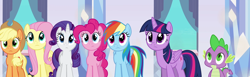 Size: 1820x563 | Tagged: safe, derpibooru import, edit, edited screencap, editor:incredibubbleirishguy, screencap, applejack, fluttershy, pinkie pie, rainbow dash, rarity, spike, twilight sparkle, twilight sparkle (alicorn), alicorn, equestria girls 10th anniversary, equestria girls, equestria girls (movie), composite screencap, crystal empire, mane seven, mane six, panorama