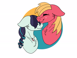 Size: 2732x2048 | Tagged: safe, artist:creativa-artly01, derpibooru import, big macintosh, coloratura, earth pony, pony, base used, bust, cheek fluff, ears, eyes closed, female, floppy ears, jewelry, male, mare, necklace, nuzzling, raramac, shipping, simple background, stallion, straight, white background