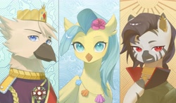 Size: 6000x3500 | Tagged: safe, artist:jijizi, derpibooru import, princess skystar, oc, oc:grover vi, griffon, hippogriff, zebra, equestria at war mod, my little pony: the movie, bust, grover, portrait