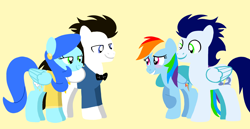 Size: 1980x1020 | Tagged: safe, artist:mlplary6, derpibooru import, rainbow dash, soarin', oc, oc:cloudy storm, oc:sky thunder, pegasus, pony, blushing, boyfriend and girlfriend, father in law, female, husband and wife, looking at each other, looking at someone, male, mare, married couple, meeting, mother in law, parents in law, shipping, shy, simple background, smiling, soarindash, stallion, straight