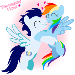 Size: 1400x1400 | Tagged: safe, artist:mlplary6, derpibooru import, rainbow dash, soarin', pegasus, pony, boyfriend and girlfriend, carrying, eyes closed, female, flying, heart, love, male, mare, shipping, soarindash, stallion, straight, text