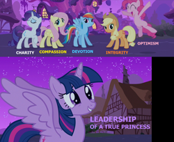 Size: 1468x1200 | Tagged: safe, derpibooru import, editor:incredibubbleirishguy, applejack, fluttershy, pinkie pie, rainbow dash, rarity, twilight sparkle, twilight sparkle (alicorn), alicorn, magical mystery cure, charity, compassion, devotion, golden oaks library, integrity, leadership, magical mystery cure 10th anniversary, mane six, night, optimism, text