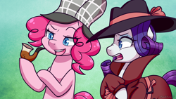 Size: 3840x2160 | Tagged: safe, artist:vladivoices, derpibooru import, pinkie pie, rarity, earth pony, pony, unicorn, bubble pipe, deerstalker, detective rarity, gradient background, hat, pipe, princess trixie sparkle, princess trixie sparkle 2, sherlock pie