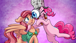 Size: 3840x2160 | Tagged: safe, artist:vladivoices, derpibooru import, pinkie pie, earth pony, pegasus, pony, bubble pipe, deerstalker, gradient background, hat, magnifying glass, pipe, princess trixie sparkle, princess trixie sparkle 2, sherlock pie