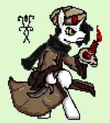 Size: 604x673 | Tagged: safe, artist:damset, derpibooru import, oc, oc only, oc:observer, unicorn, clothes, dagger, darkest dungeon, green background, male, ms paint, occultist, pixel art, simple background, skull, solo, weapon