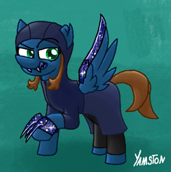 Size: 663x667 | Tagged: safe, artist:yamston, derpibooru import, oc, oc only, oc:scamp, earth pony, pony, fanfic:living the dream, blue coat, brown mane, clothes, fanfic art, fangs, female, green eyes, hood, mare, parent:oc:adry, parent:oc:darkest bleak, solo, torn ear, weapon, wings