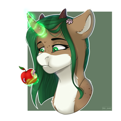 Size: 2000x2000 | Tagged: source needed, safe, artist:villjulie, derpibooru import, oc, oc:elen, deer, deer pony, hybrid, original species, pony, apple, elepatrium, food, green eyes, horns, solo, universe elepatrium