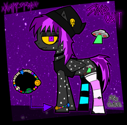 Size: 1910x1870 | Tagged: safe, artist:xxv4mp_g4z3rxx, derpibooru import, oc, oc only, oc:spaced out, pegasus, pony, arrow, beanie, bracelet, clothes, collar, colored sclera, ear piercing, eyeliner, eyeshadow, folded wings, gray coat, hat, jewelry, kandi bracelet, lip piercing, looking at you, makeup, mismatched socks, nonbinary, piercing, purple eyes, reference sheet, scar, self harm, self harm scars, signature, skull, smiley face, smiling, socks, solo, standing, tail, tanktop, torn clothes, two toned mane, two toned tail, ufo, wings, yellow sclera