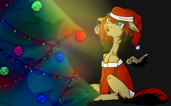 Size: 1618x1000 | Tagged: artist needed, source needed, safe, derpibooru import, oc, oc only, oc:lya the shaikan, pegasus, pony, black background, christmas, christmas tree, clothes, colored wings, costume, happy new year, hat, heterochromia, holiday, santa costume, santa hat, simple background, solo, tree, two toned mane, two toned wings, wings