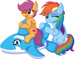 Size: 8230x6522 | Tagged: safe, artist:cyanlightning, derpibooru import, rainbow dash, scootaloo, pegasus, pony, whale, air nozzle, best pony, blowing, cute, cutealoo, dashabetes, ear fluff, ears, female, filly, foal, heartwarming, inflatable, inflatable toy, inflating, looking at you, loonerdash, mare, one eye closed, pool toy, puffy cheeks, riding, scootalove, siblings, simple background, sisters, transparent background, vector, wink