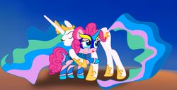 Size: 1251x639 | Tagged: safe, artist:fanvideogames, derpibooru import, pinkie pie, princess celestia, armor, crying, female, hug