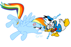 Size: 1095x730 | Tagged: safe, artist:fanvideogames, derpibooru import, rainbow dash, angry, disney, donald duck, female, looking at each other, looking at someone, male