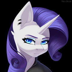 Size: 1024x1024 | Tagged: safe, artist:villjulie, derpibooru import, rarity, pony, unicorn, black background, bust, ear clip, simple background, solo