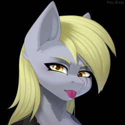 Size: 1024x1024 | Tagged: safe, artist:villjulie, derpibooru import, derpy hooves, pegasus, pony, :p, black background, bust, eye scar, facial scar, scar, simple background, solo, tongue, tongue out