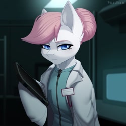 Size: 1024x1024 | Tagged: safe, artist:villjulie, derpibooru import, nurse redheart, earth pony, semi-anthro, clothes, lab coat, solo, tablet