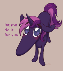 Size: 919x1034 | Tagged: safe, artist:littmosa, derpibooru import, pony, unicorn, commission, didn't i do it for you, let me do it for you, long snout, looking at you, meme, simple background, solo, text