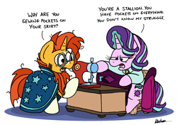 Size: 2354x1660 | Tagged: safe, artist:bobthedalek, derpibooru import, starlight glimmer, sunburst, pony, unicorn, atg 2023, beard, clothes, duo, facial hair, jacket, newbie artist training grounds, older, older starlight glimmer, older sunburst, sewing machine, shirt, skirt