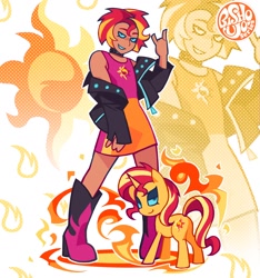 Size: 1450x1550 | Tagged: safe, artist:poppyr0ckz, derpibooru import, sunset shimmer, human, pony, unicorn, equestria girls, alternate hairstyle, choker, clothes, devil horn (gesture), fiery shimmer, fire, jacket, leather, leather jacket, short hair, smiling, spiked choker