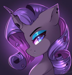 Size: 1497x1541 | Tagged: safe, artist:airiniblock, derpibooru import, rarity, changeling, bust, changelingified, digital art, eye clipping through hair, female, gradient background, horn, icon, looking at you, looking back, looking back at you, mare, purple background, purple changeling, purple eyes, purple mane, rariling, rcf community, signature, simple background, solo, species swap