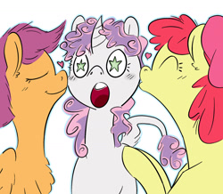 Size: 1280x1114 | Tagged: safe, artist:pencilsandstencils, derpibooru import, apple bloom, scootaloo, sweetie belle, pony, chest fluff, cutie mark crusaders, eyes closed, female, heart, kiss sandwich, kissing, lesbian, open mouth, scootabelle, shipping, simple background, starry eyes, sweetiebloom, white background, wingding eyes