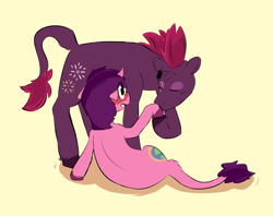 Size: 1280x1015 | Tagged: safe, artist:pencilsandstencils, derpibooru import, tempest shadow, oc, oc:caravel, pony, unicorn, duo, female, kissing, leonine tail, lesbian, lying down, simple background, standing, tail