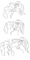 Size: 600x1200 | Tagged: safe, artist:pencilsandstencils, derpibooru import, pinkie pie, princess skystar, earth pony, hippogriff, pony, my little pony: the movie, duo, eyes closed, kissing, laughing, monochrome, open mouth, simple background, text, white background