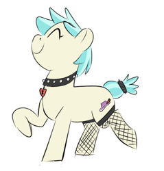 Size: 1280x1340 | Tagged: safe, artist:pencilsandstencils, derpibooru import, coco pommel, earth pony, pony, choker, eyes closed, fishnet stockings, punk, raised hoof, raised leg, simple background, smiling, solo, spiked choker, white background