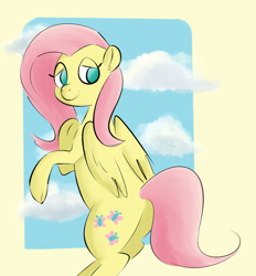 Size: 1097x1180 | Tagged: safe, artist:pencilsandstencils, derpibooru import, fluttershy, pegasus, pony, bipedal, cloud, looking back, smiling, solo