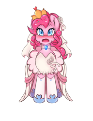 Size: 1000x1300 | Tagged: safe, artist:tikrs007, derpibooru import, pinkie pie, earth pony, pony, blushing, clothes, crown, dress, jewelry, regalia, simple background, solo, transparent background, veil, wedding dress