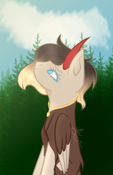 Size: 3500x5400 | Tagged: safe, artist:thecommandermiky, derpibooru import, oc, oc only, oc:reagan, deer, deer pony, original species, blue eyes, cloud, deer oc, forest, forest background, horn, jewelry, looking up, non-pony oc, sky, solo, wings