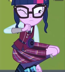 Size: 1108x1214 | Tagged: safe, derpibooru import, screencap, sci-twi, twilight sparkle, human, equestria girls, friendship games, canterlot high, clothes, cropped, crystal prep academy uniform, female, glasses, hallway, kneeling, lockers, magic capture device, necktie, one eye closed, school uniform, schoolgirl, solo