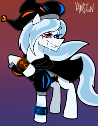 Size: 1317x1692 | Tagged: safe, artist:yamston, derpibooru import, oc, oc only, oc:flashy flash, earth pony, pony, fanfic:living the dream, 2023, bracelet, cape, clothes, earth pony oc, eyeshadow, fanfic art, gradient background, hat, jester hat, jewelry, long mane, looking back, makeup, male, parent:oc:alexander(ltd), parent:trixie, pink eyes, raised hoof, raised leg, smiling, solo, stallion, two toned hair, white coat