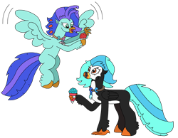 Size: 3016x2336 | Tagged: safe, artist:supahdonarudo, derpibooru import, oc, oc only, oc:icebeak, oc:sea lilly, classical hippogriff, hippogriff, atg 2023, camera, duo, flying, food, holding, jewelry, necklace, newbie artist training grounds, simple background, snowcone, transparent background