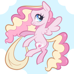 Size: 5000x5000 | Tagged: safe, derpibooru import, pegasus, pony, blue background, cloud, curly hair, curly mane, flying, multicolored hair, multicolored mane, multicolored tail, simple background, solo, tail