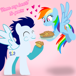 Size: 1400x1400 | Tagged: safe, artist:mlplary6, derpibooru import, rainbow dash, soarin', pegasus, pony, boyfriend and girlfriend, eating, eyes closed, female, flying, food, heart, love, male, mare, pie, shipping, smiling, soarindash, stallion, straight, text, that pony sure does love pies