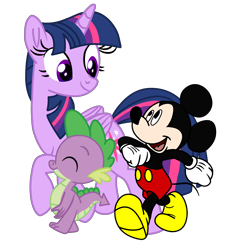 Size: 2250x2250 | Tagged: safe, artist:fanvideogames, derpibooru import, spike, twilight sparkle, twilight sparkle (alicorn), alicorn, crossover, female, male, mickey mouse, simple background, transparent background