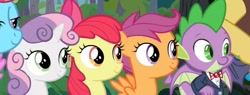 Size: 840x319 | Tagged: safe, derpibooru import, screencap, apple bloom, cup cake, scootaloo, spike, sweetie belle, dragon, earth pony, pegasus, pony, unicorn, the big mac question, bowtie, clothes, cropped, cutie mark crusaders, female, formal wear, header, male, smiling, sweet apple acres, tuxedo, twitter header, winged spike, wings