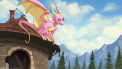 Size: 1200x678 | Tagged: safe, artist:lunalei, scales (character), dragon, building, cloud, dragoness, female, flag, mountain, ruins, sitting, sky, smiling, solo, tower, tree