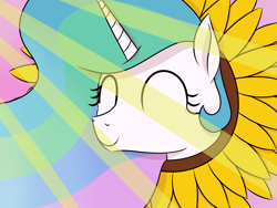 Size: 2000x1500 | Tagged: safe, artist:mariculture, princess celestia, alicorn, pony, bust, crepuscular rays, eyes closed, female, flower, happy, horn, mare, pink background, portrait, simple background, smiling, solo, sunflower