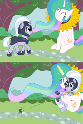 Size: 2000x3000 | Tagged: safe, artist:mariculture, derpibooru import, ponerpics import, princess celestia, silver sable, alicorn, pony, unicorn, /bale/, armor, canterlot gardens, cute, cutelestia, duo, eyes closed, female, flower, folded wings, frog (hoof), guardsmare, helmet, horn, hug, magic, mare, royal guard, royal guard armor, sitting, smiling, spread wings, sunflower, telekinesis, underhoof, walking, wings