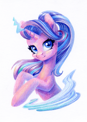 Size: 857x1200 | Tagged: safe, artist:maytee, derpibooru import, starlight glimmer, pony, unicorn, bust, colored pencil drawing, female, magic, mare, portrait, simple background, smiling, solo, traditional art, white background