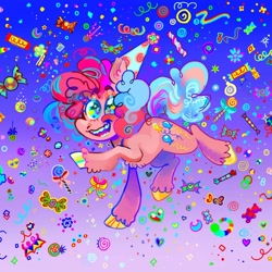 Size: 1080x1080 | Tagged: safe, artist:furbey, derpibooru import, pinkie pie, earth pony, pony, candy, colored hooves, confetti, food, gradient background, hat, lollipop, party hat, solo