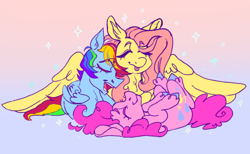 Size: 500x308 | Tagged: safe, artist:furbey, derpibooru import, fluttershy, pinkie pie, rainbow dash, earth pony, pegasus, pony, cuddling, eyes closed, female, flutterdash, flutterdashpie, flutterpie, gradient background, lesbian, pinkiedash, polyamory, shipping, sparkles, trio